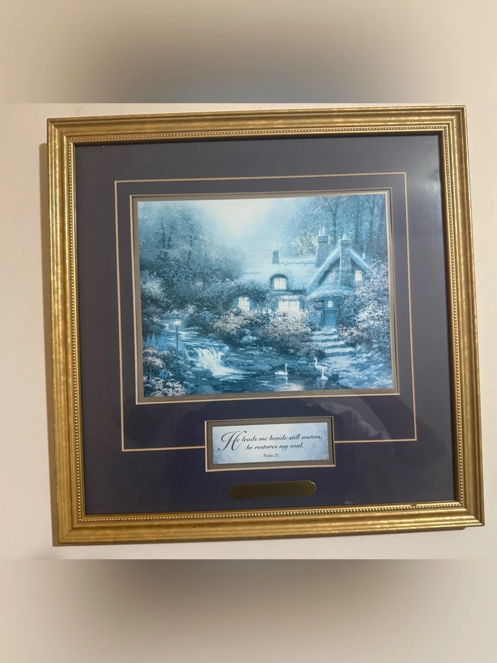 Thomas Kinkade Blue Cottage with Gold Frame Accent